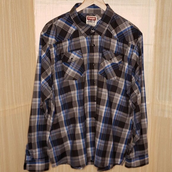 Wrangler Mens Grey Blue Plaid Pearl Snap Down Shirt 3X - Picture 1 of 5